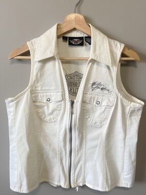 Harley-Davidson Cream Zip-Front Denim Vest with Chest Pockets
